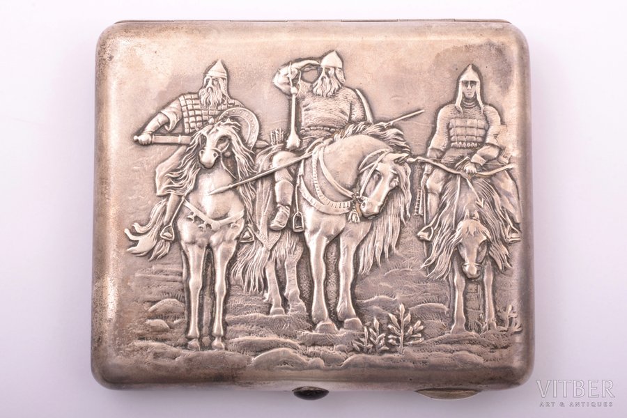 cigarette case, silver, "Three heroes", 875 standard, 157.90 g, silver stamping, 9.1 x 10.4 x 1.9 cm, 1927-1946, Moscow, USSR