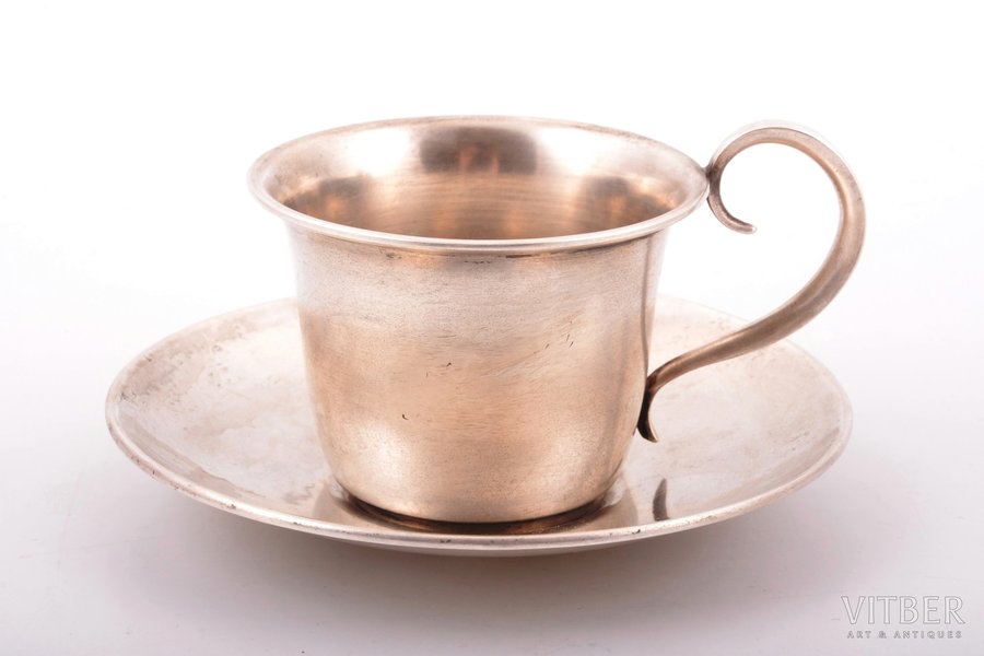 tea pair, silver, 875 standard, 96.45 g, h (cup) 5.9 cm, Ø (saucer) 11.3 cm, the 20-30ties of 20th cent., Latvia