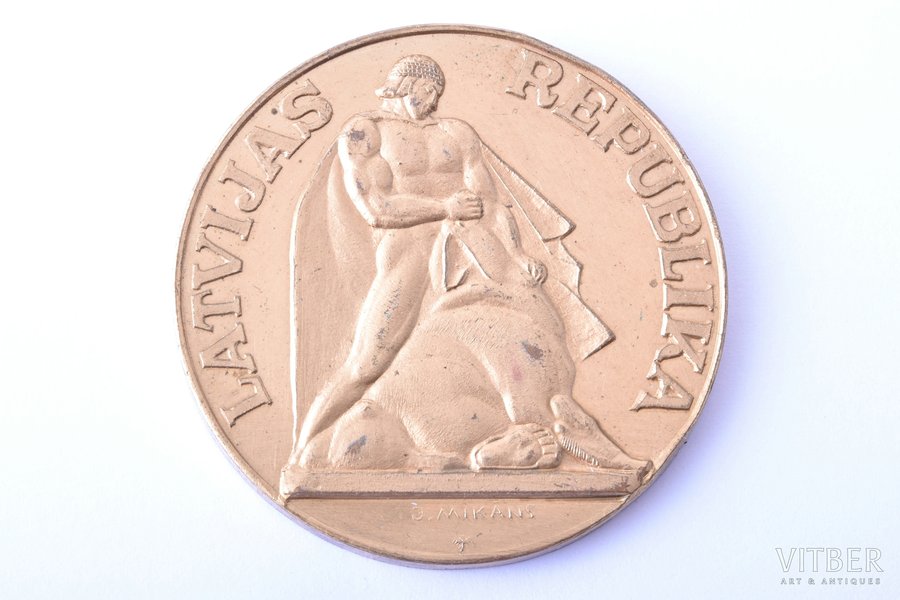 5 lati, 1991 g., izmēģinājuma monēta, inventāra numurs uz apmales, bronza (tompaks), Latvija, 26.89 g, Ø 38 mm, izgatavota J. Mikāna darbnīcā