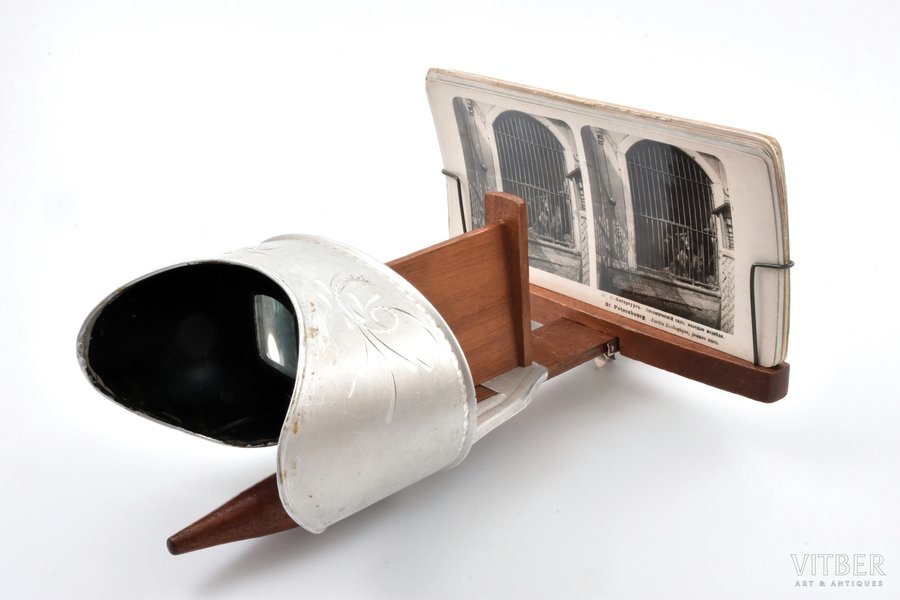 stereoscope, included set of zoo photos, manufactured by "Underwood & Underwood", New York, wood, metal, USA, ~1901