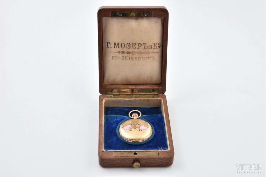 карманные часы, "Moser", Российская империя, Швейцария, золото, 56, 14 K проба, 4.3 x 3.4 см, Ø 34 мм, в коробке, переложена розовая эмаль