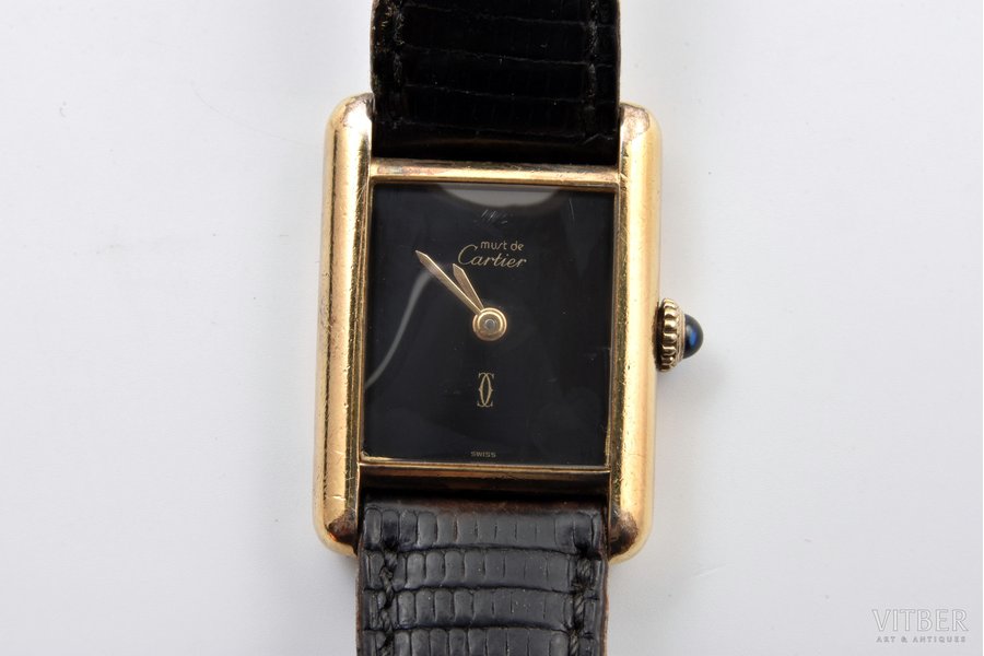 rokas pulkstenis, "Cartier", mehāniskais, sudrabs, zeltījums, 925 prove, kopējais svars (ar siksniņu) 21.95 g, 2.8 x 2.1 cm