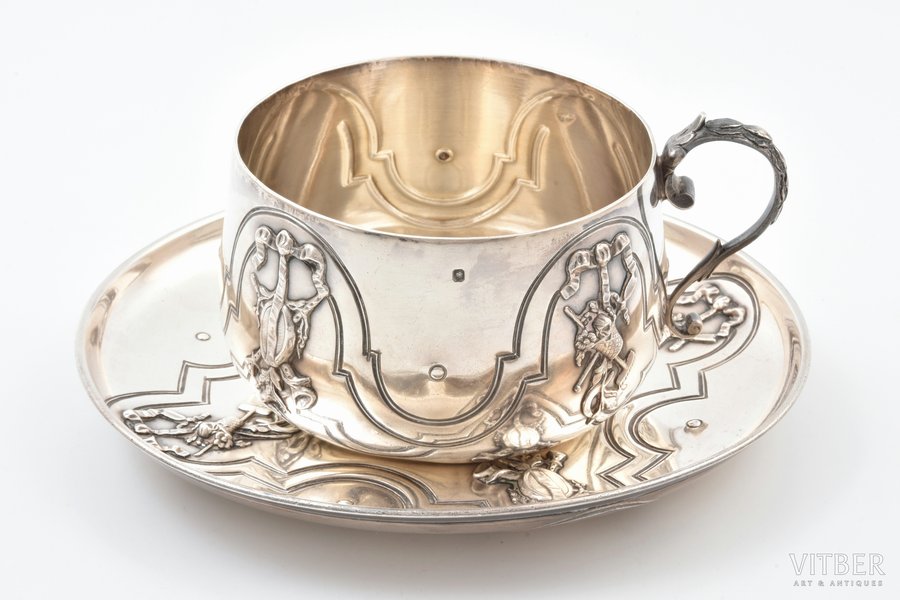 чайная пара, серебро, (большой размер), 950 проба, 310.55 г, h (чашка) 6.9 см, Ø (блюдце) 16 см, Франция