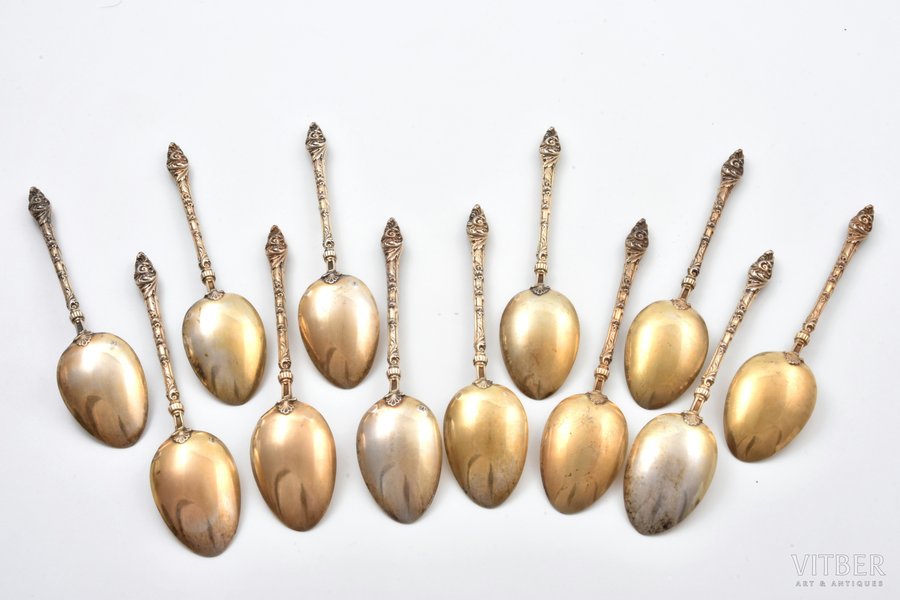 set of 12 teaspoons, silver, 800 standard, 158 g, gilding, 13.1 cm, France