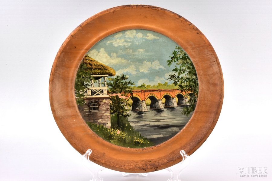 wall plate, "Kuldīga", painting, wood, Latvia, Ø 27.4 cm