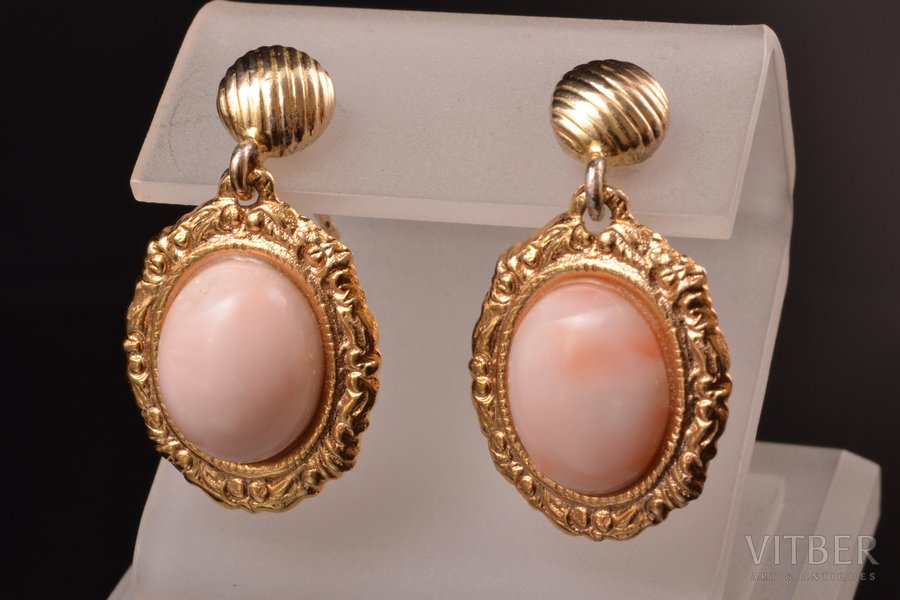 earrings, Japanese Pink Deep Sea coral, top grade, silver, gilding, 800, 925 standard, 4.86 g., the item's dimensions 2.9 x 1.6 cm, coral