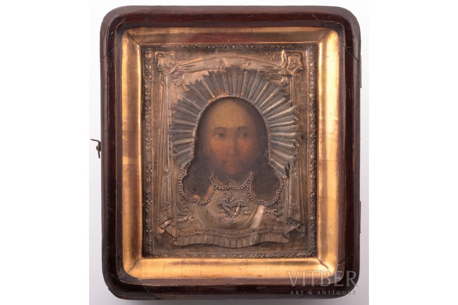 ikona, Jēzus Kristus Pantokrators, rāmī, dēlis, sudrabs, gleznojums, 84 prove, Krievijas impērija, 1830 g., 17.3 x 15.2 x 5.4 / 13.5 x 10.7 x 1.8 cm