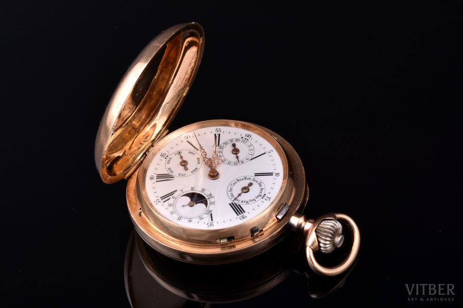 pocket watch, Russia, Switzerland, gold, 56, 14 K standart, 100.36 g, 6.75 x 5.25 cm, Ø 52.5 mm, working well, maintenance service is performed