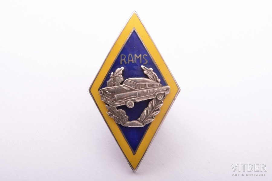 badge, Republican Auto Moto School (RAMS), silver, Latvia, USSR, 42.2 x 24 mm, 8.75 g