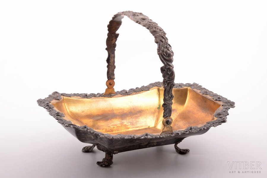 candy-bowl, Ivan Ksimantovsky's factory, silver plated, gold plated, Russia, the middle of the 19th cent., 29.7 x 22.5 cm, h (with handle) 22.4 cm, restoration of one leg