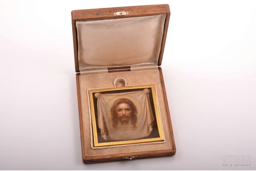 icon, Savior-Not-Made-by-Hands, silver, guilding, painted on zinc, 84 standard, Russia, 1908-1917, 11.7 x 11.7 x 1.4 cm, weight of silver frame 42.25 g, in a box