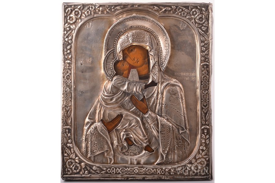 icon, Our Lady of Vladimir, board, silver, painting, 84 standard, Russia, the 19th cent., 31.5 x 26.7 x 3.2 cm, 256.45 g.