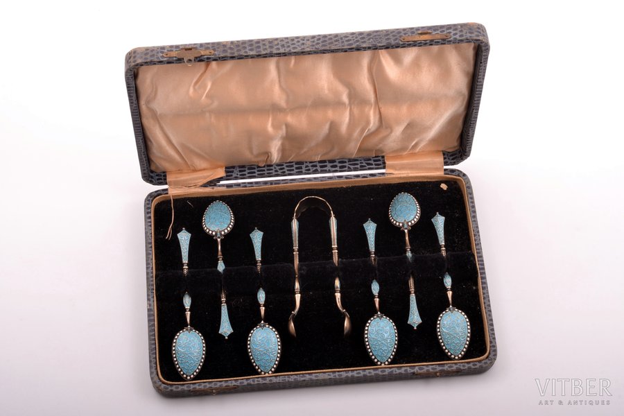 set of 6 coffee spoons and sugar tongs, silver, 925 standard, 74.40 g, cloisonne enamel, gilding, in a box