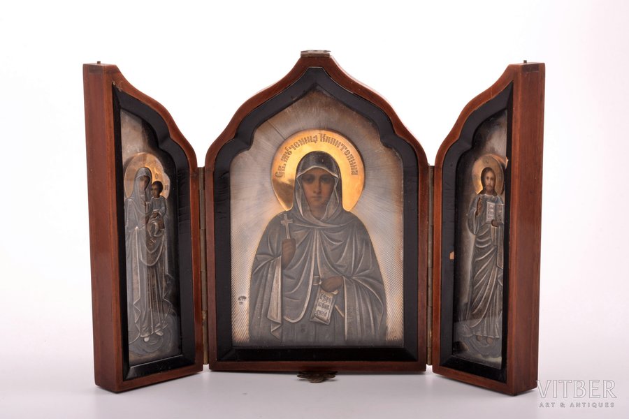 icon with foldable side flaps, Saint martyr Kapitolina, Mother of God, Jesus Christ Pantocrator, board, silver, painting, guilding, wood, 84 standard, Russia, 1908-1917, 17.4 x 24.8 x 2 / 17.4 x 12.4 x 4 cm