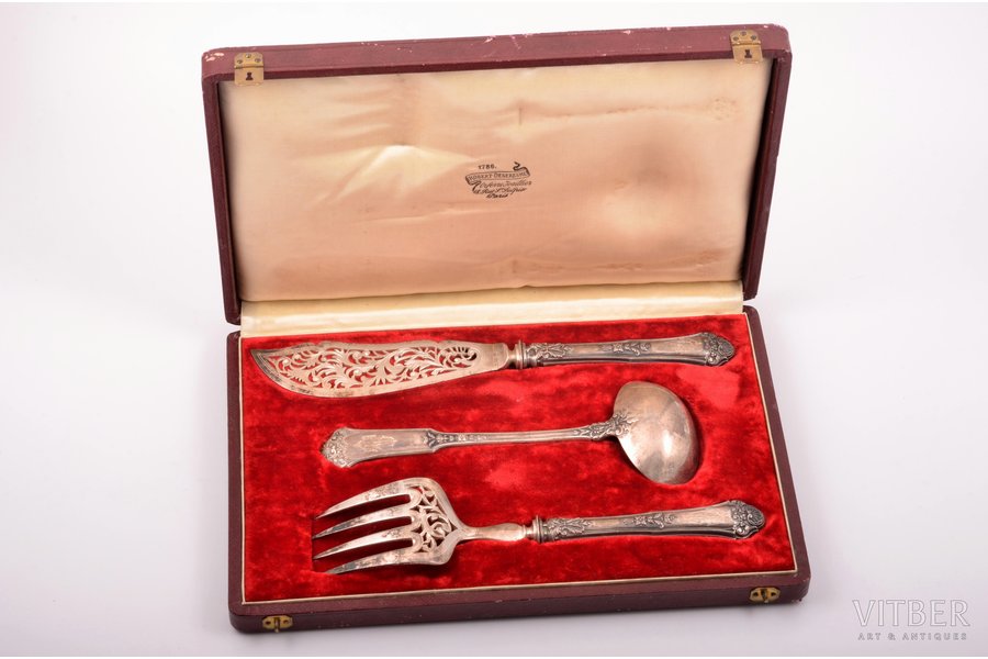 flatware set of 3 items, spoon - silver, fork and knife - silver/metal, 950 standart, total weight of items 317.60g, France, 20.5 - 26.8 cm, in a box