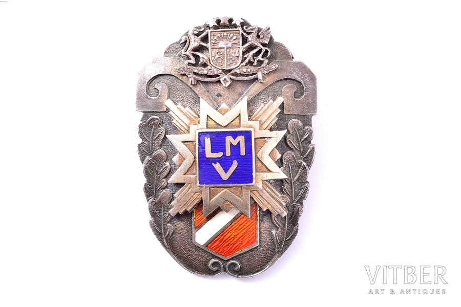 school badge, LMV, Liepāja Secondary Art School, silver, 875 standard, Latvia, 1940, 42.2 x 29 mm, 14.60 g