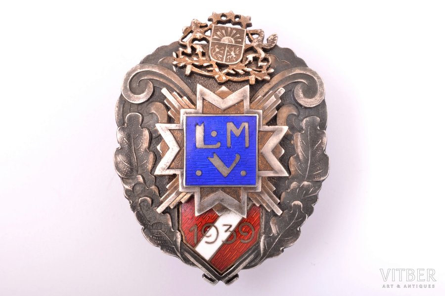 школьный знак, LMV, Лиепайская художественная средняя школа, серебро, 875 проба, Латвия, 1939 г., 41.8 x 32.5 мм, 16.75 г, серебряная закрутка