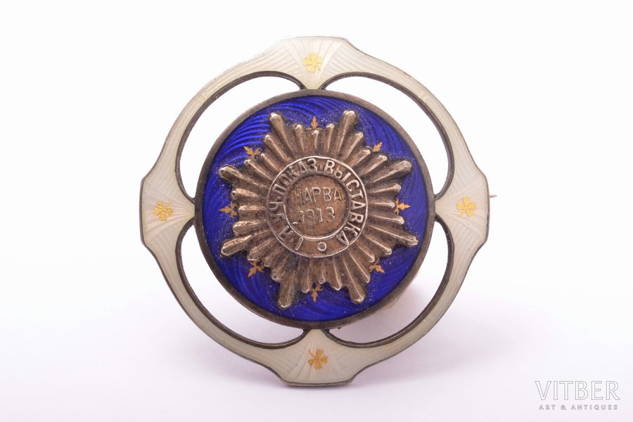 badge, 1st Student exhibition in Narva, silver, enamel, 925 standard, Russia, Estonia, 1913, 42 x 42 mm, 16.55 g