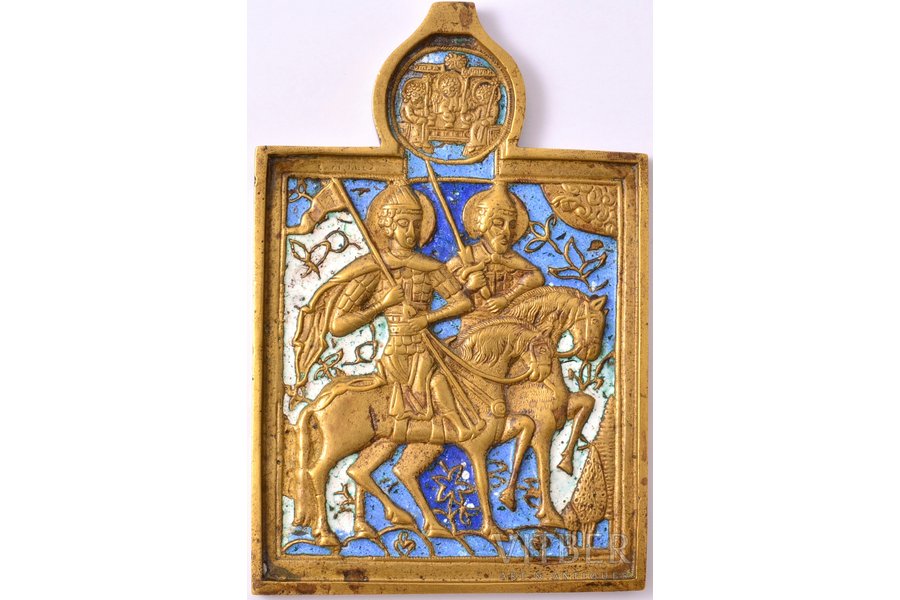 ikona, Svētie labticīgie kņazi Boriss un Gļebs, vara sakausējuma, 3-krāsu emalja, Krievijas impērija, 19. gs. beigas, 13.3 x 8.9 x 0.6 cm, 315.30 g.