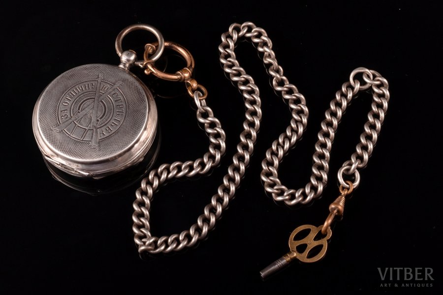 pocket watch, "Telescope", "For excellent shooting", Russia, Switzerland, silver, 84, 875 standart, total weight of item without chain 78 g, 5.8 x 4.9 cm, Ø 49 mm, watch chain - silver/metal, 84 standard, 47.10 g