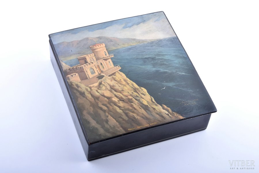 case, "Crimea, Swallow's Nest", Fedoskino, by artist Davydov, lacquer miniature, USSR, 1953, 18.7 x 17.2 x 5.1 cm
