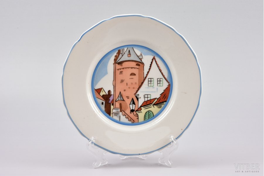 decorative plate, "View of the Powder Tower", porcelain, Rīga porcelain factory, J.K. Jessen manufactory, hand-painted, sketch by Niklavs Strunke, Riga (Latvia), 1942-1945, Ø 17.5 cm