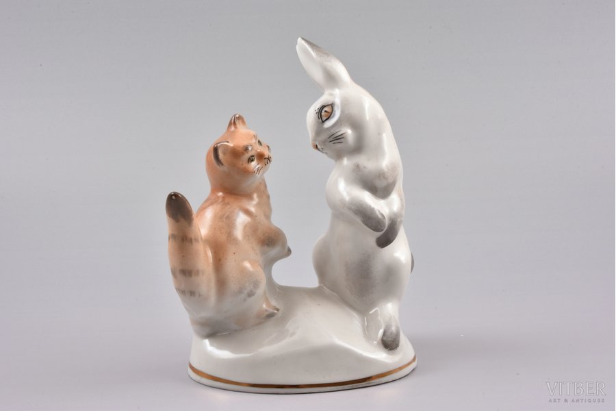 figurine, A Cat and A Rabbit, porcelain, Riga (Latvia), USSR, Riga porcelain factory, molder - Lize Dzeguze, the 50ies of 20th cent., h 14.3 cm, top grade