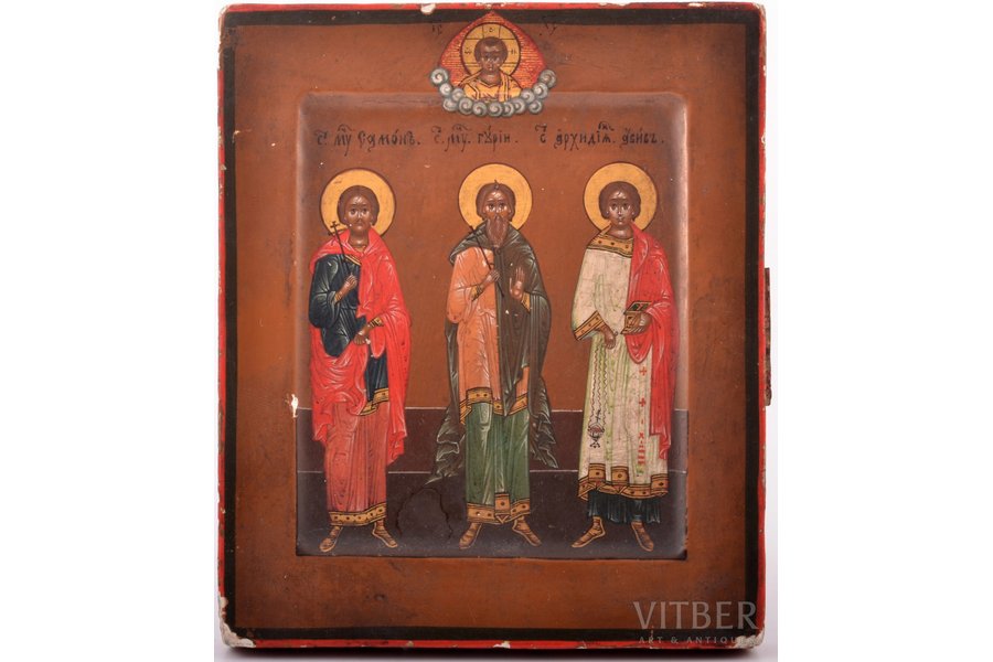 icon, Holy Martyrs and Confessors Gurias, Samonas and Abibus, board, painting, guilding, Russia, the border of the 19th and the 20th centuries, 13.2 x 11.2 x 1.5 cm