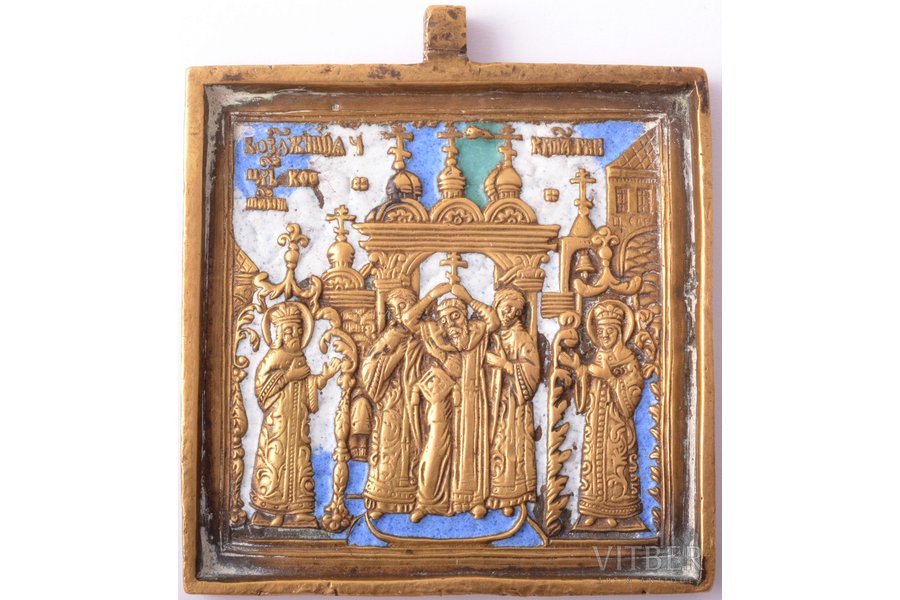 ikona, Kunga Krusta Pacelšana, vara sakausējuma, 3-krāsu emalja, Krievijas impērija, 19. un 20. gadsimtu robeža, 6.5 x 5.9 x 0.5 cm, 89 g.