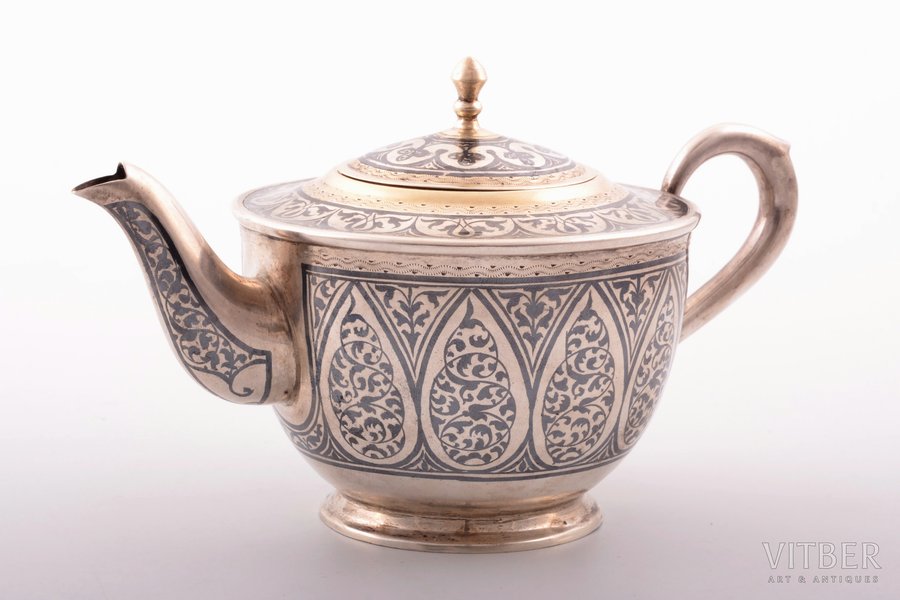 teapot, silver, 875 standard, 210.70 g, niello enamel, gilding, h 9.9 cm, the artistic plant of Kubachinsk, 1977, USSR