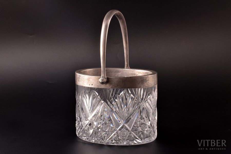 candy-bowl, silver, 84 standard, crystal, 15.5 x 15.2 cm, h (with handle) 24.4 cm, Second Artistic artel, 1908-1917, St. Petersburg, Russia, chips