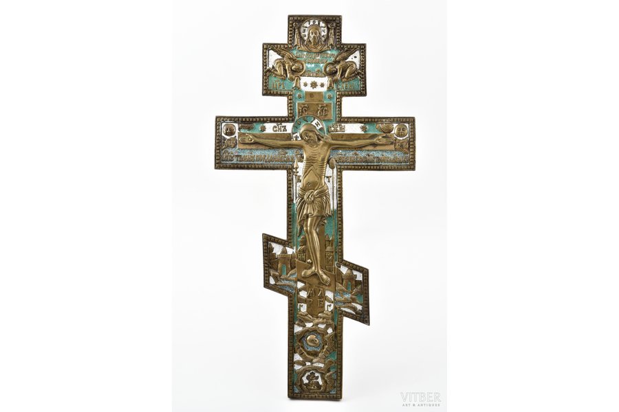 крест, Распятие Христово, медный сплав, 2-цветная эмаль, Российская империя, начало 20-го века, 36.5 x 19.2 x 0.9 см, 1183.30 г.