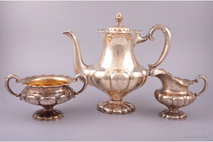 service of 3 items: sugar-bowl, coffeepot, cream jug, silver, 830 standart, 1938, 1087.95 g, Turku, Finland, h 22.5 / 10.2 / 9.3 cm