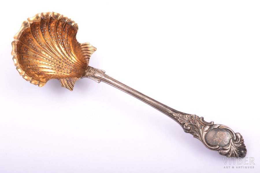 sieve spoon, silver, 84 standard, 62.25 g, gilding, 20.1 cm, by Hertz Johann Bernhard, 1838, St. Petersburg, Russia