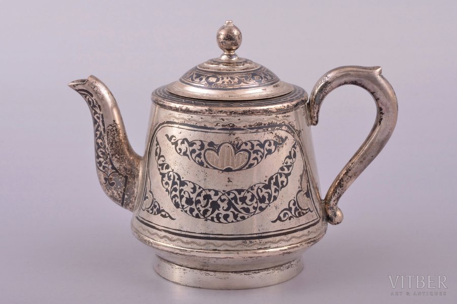 small teapot, silver, 875 standard, 187.15 g, niello enamel, gilding, h 10.5 cm, the artistic plant of Kubachinsk, 1973, USSR