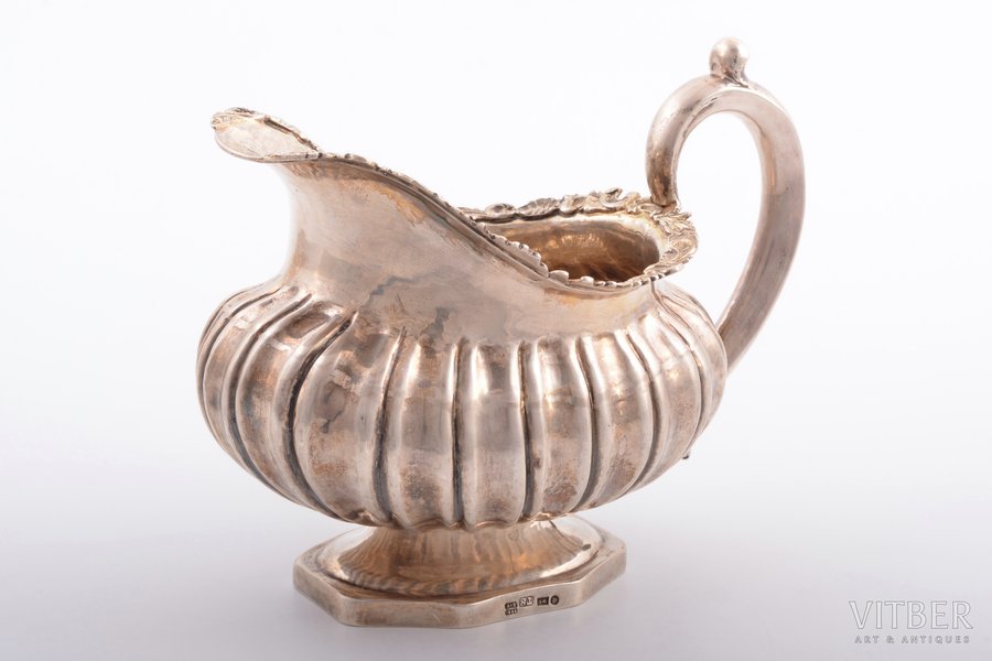 cream jug, silver, 84 standard, 221.45 g, h 12.9 cm, by Thomas Sohka, 1842, St. Petersburg, Russia, strenghtened spout