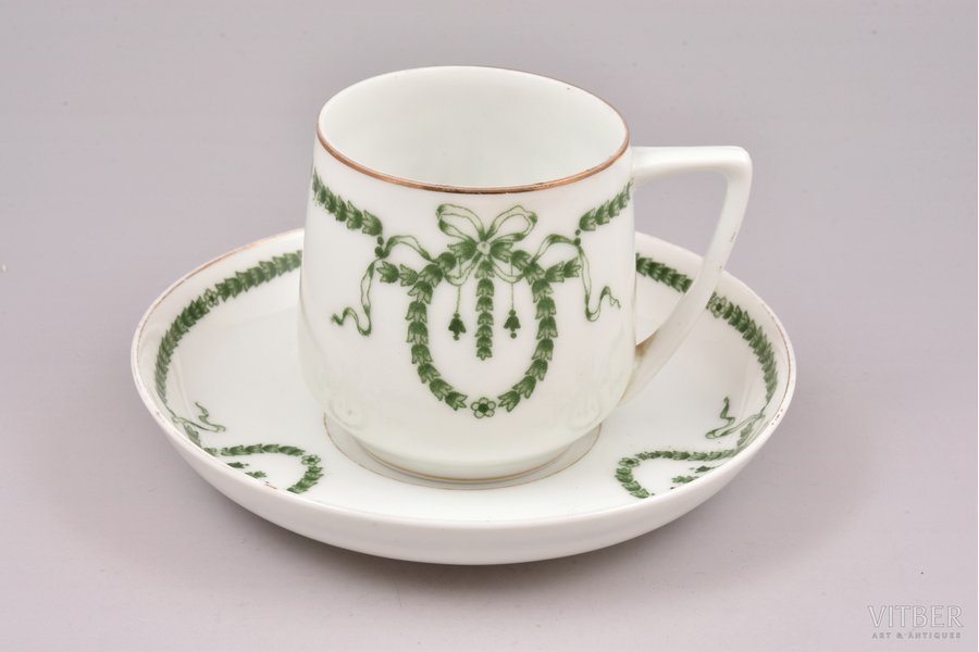 чайная пара, фарфор, Фарфоровый завод Гарднера, Российская империя, начало 20-го века, h (чашка) 7 см, блюдце Ø 14 см