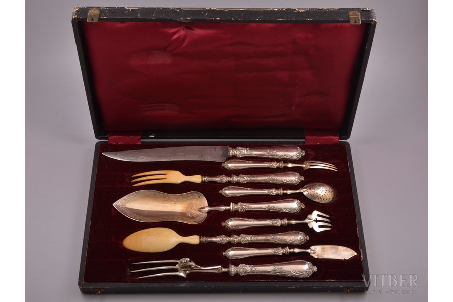 flatware set, silver/metal, 950 standart, 9 items, total weight of items 720.30g, France, in a box