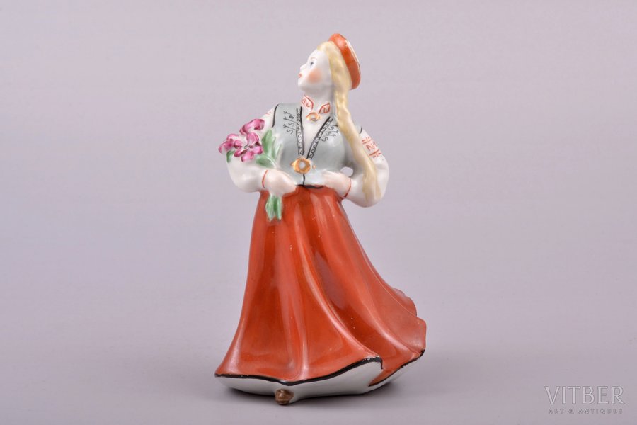 figurine, Girl in traditional costume with flowers, porcelain, Riga (Latvia), USSR, Riga porcelain factory, the 50ies of 20th cent., 12.2 cm, top grade