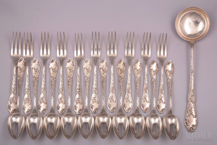 flatware set, 21 item: 10 spoons, 10 forks, ladle, "Boulenger", silver plated, France, 33.3 / 21.6 / 21.5 cm