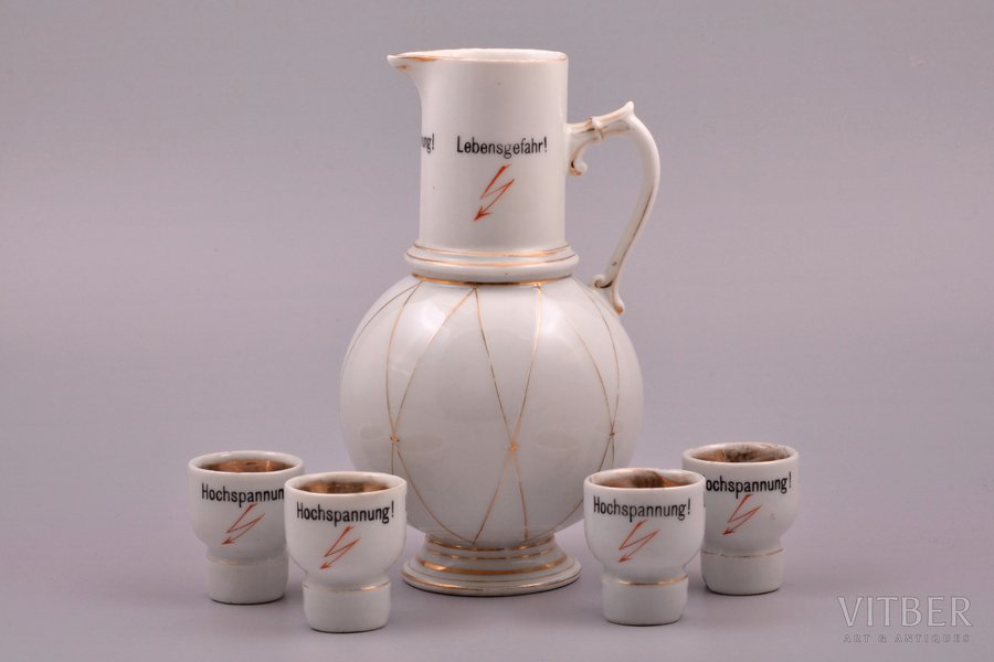 liquor set, jug with four glasses "High Voltage", porcelain, J.K. Jessen manufactory(?), Riga (Latvia), the 30ties of 20th cent., h (кувшин) 18.2 см, h  (рюмка) 4.6 cm, neck restoration