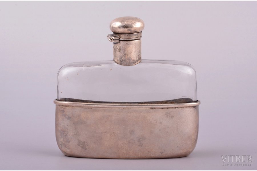 flask, silver, 830 standard, total weight of item 274.40, glass, 10.6 x 11.3 x 3 cm, Norway