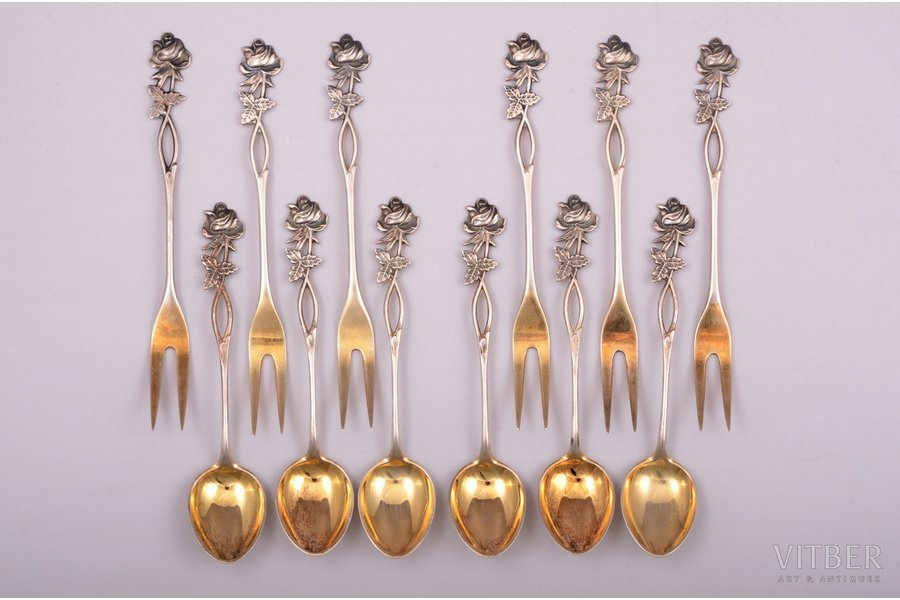 set of 12 items: 6 lemon forks and 6 coffee spoons, silver, 830 standart, 6+6 items, gilding, 100.25 g, Finland, 10.9 - 12.2 cm
