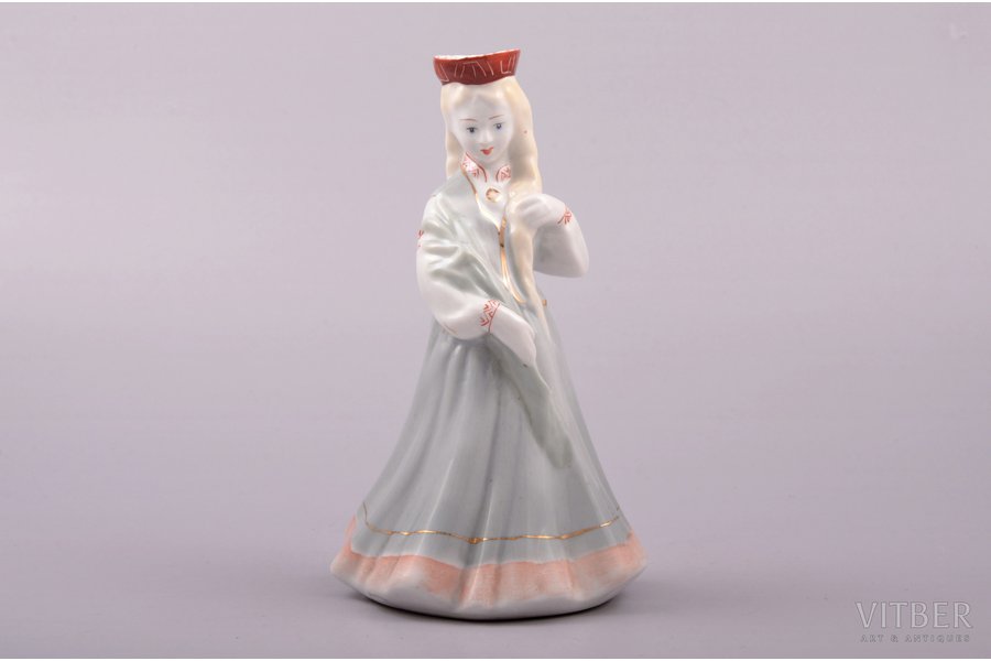 figurine, A girl in traditional costume with reed, porcelain, Riga (Latvia), USSR, Riga porcelain factory, molder - Regīna Karkunova, the 60ies of 20th cent., h 14.9 cm, second grade