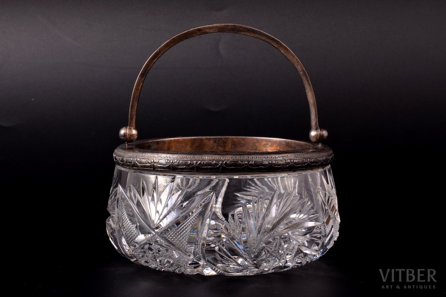 candy-bowl, silver, 875 standard, crystal, Ø 13 cm, h (with handle) 13.6 cm, the 20ties of 20th cent., Latvia