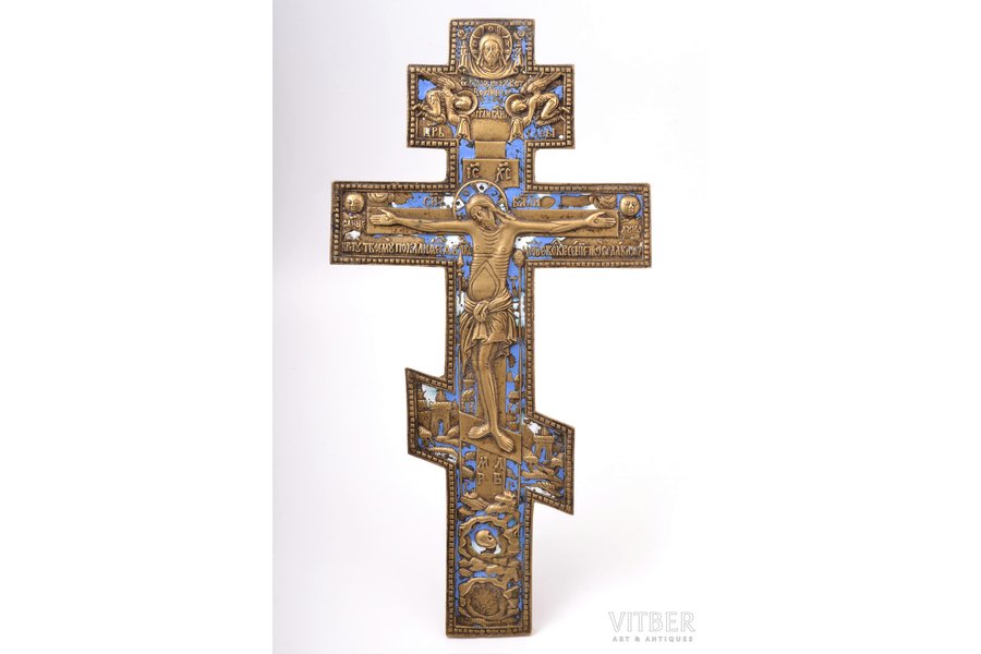 крест, Распятие Христово, медный сплав, 2-цветная эмаль, Российская империя, начало 20-го века, 37.7 x 19.5 x 0.7 см, 1058.70 г.