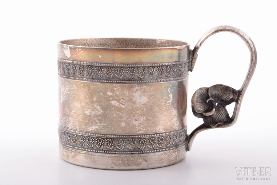tea glass-holder, Plewkiewicz w Warszawie, silver plated, Russia, Congress Poland, the border of the 19th and the 20th centuries, Ø (inside) = 6.5 cm, h = 6.7 cm