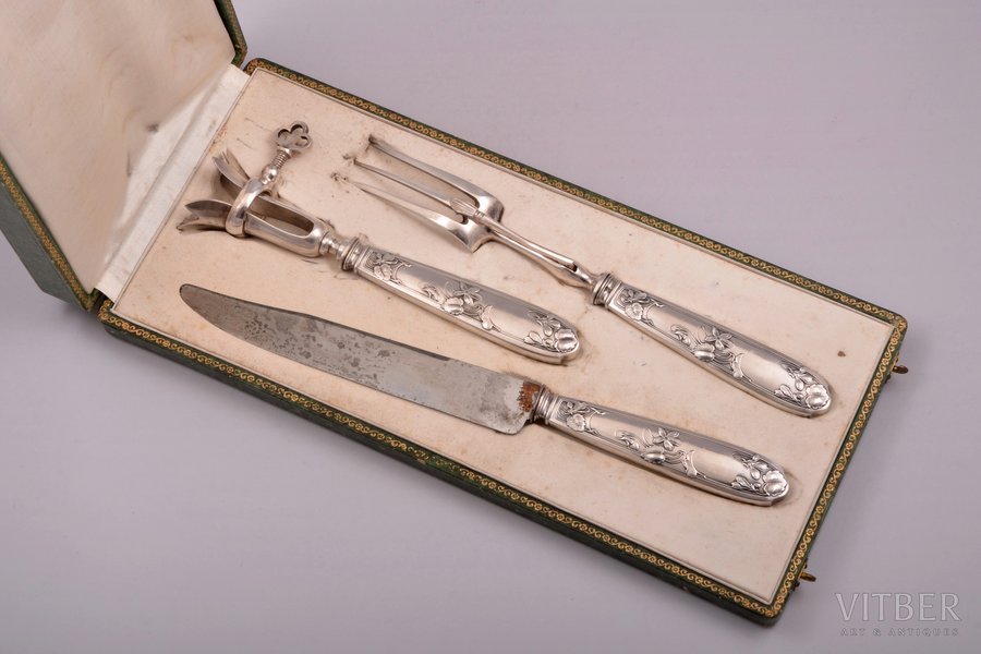 meat carving set of 3 items, silver/metal, 950 standart, total weight of items 336.60g, France, 20.8 - 31 cm, in a box