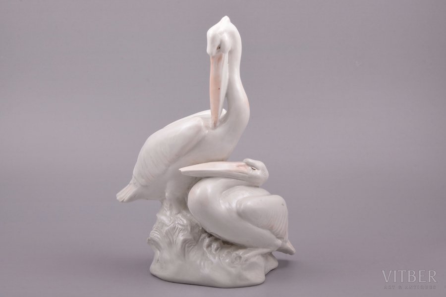 figurine, Pelicans, porcelain, Riga (Latvia), sculpture's work, molder - Nikolay Ivanovich Atyunin, h 24 cm, defect of beak