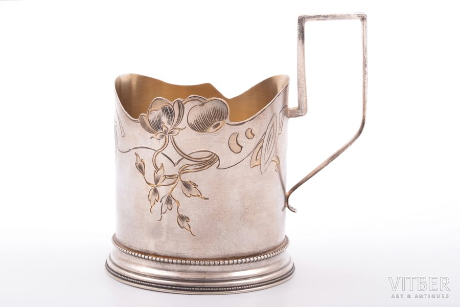 tea glass-holder, silver, 84 standard, 92.95 g, engraving, gilding, h (with handle) 10.1 cm, Ø (inside) 6.8 cm, 1908-1917, Moscow, Russia